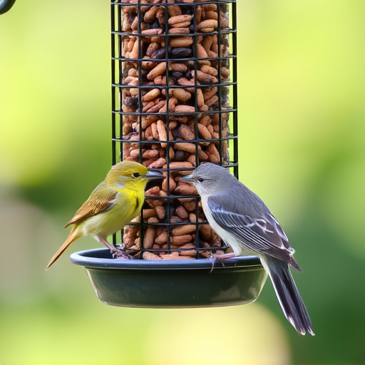 Small bird feeding at cage feeder