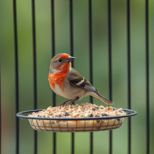 Small bird feeding at cage feeder