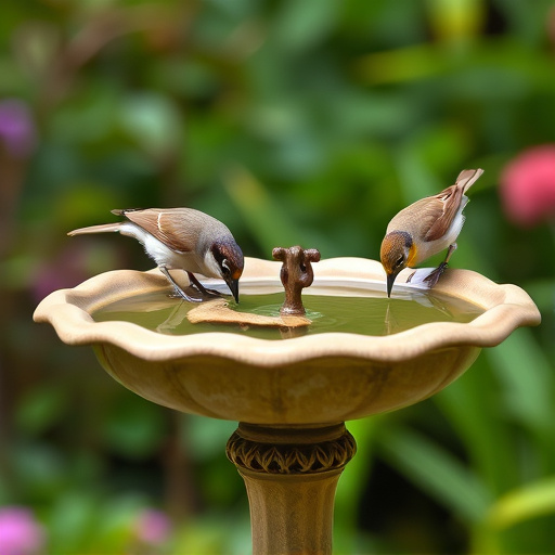 Small birds drinking from birdbath