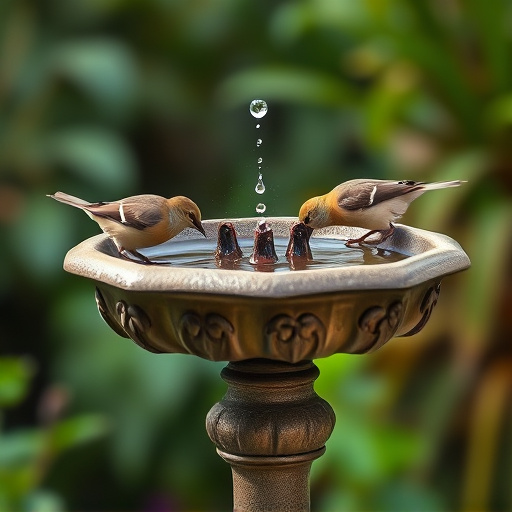 Small birds drinking from birdbath