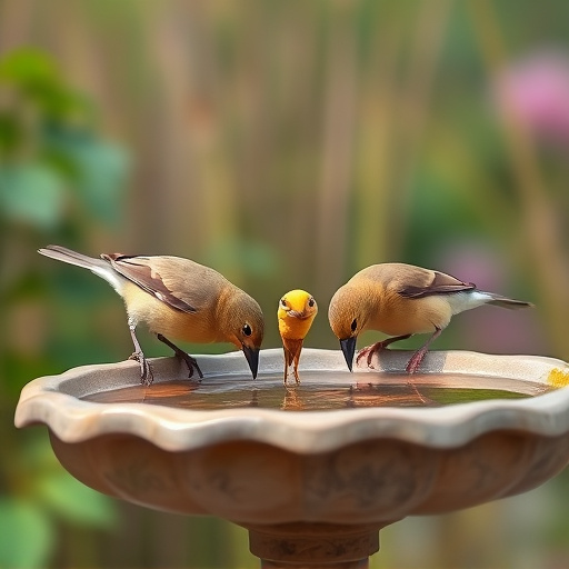 Small birds drinking from birdbath
