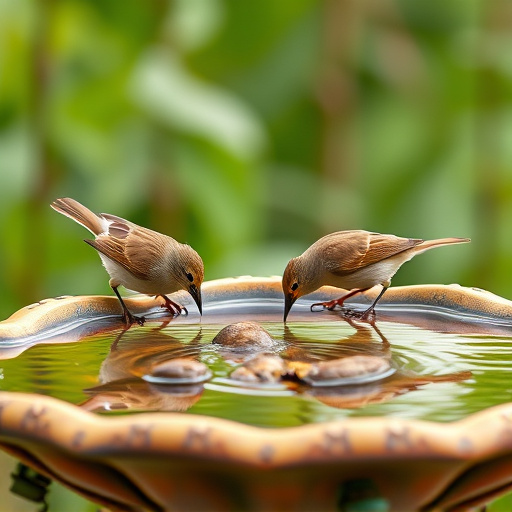 Small birds drinking from birdbath