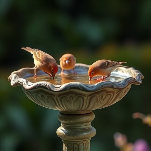 Small birds drinking from birdbath