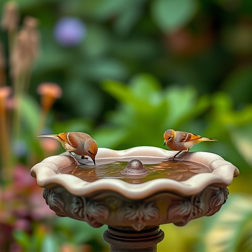 Small birds drinking from birdbath