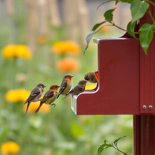 Small birds eating at garden station