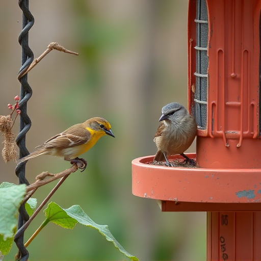 Small birds eating at garden station
