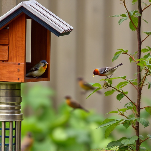 Small birds eating at garden station