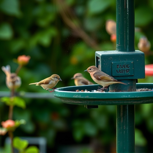 Small birds eating at garden station