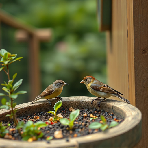 Small birds eating at garden station