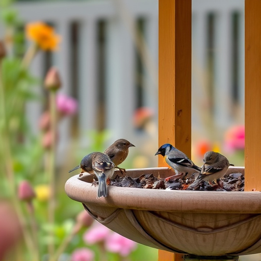 Small birds eating at garden station