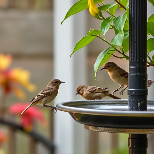Small birds eating at garden station