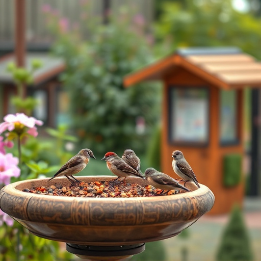 Small birds eating at garden station