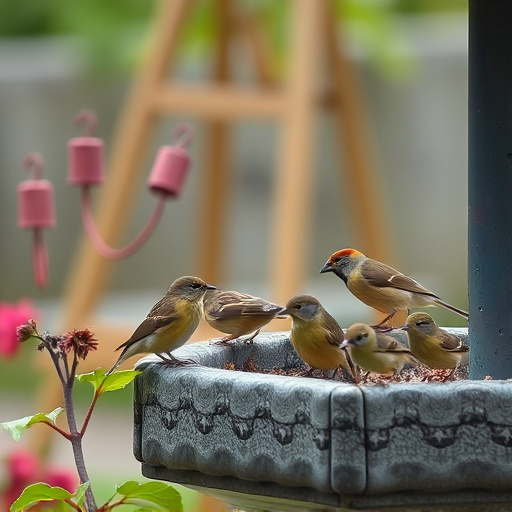 Small birds eating at garden station