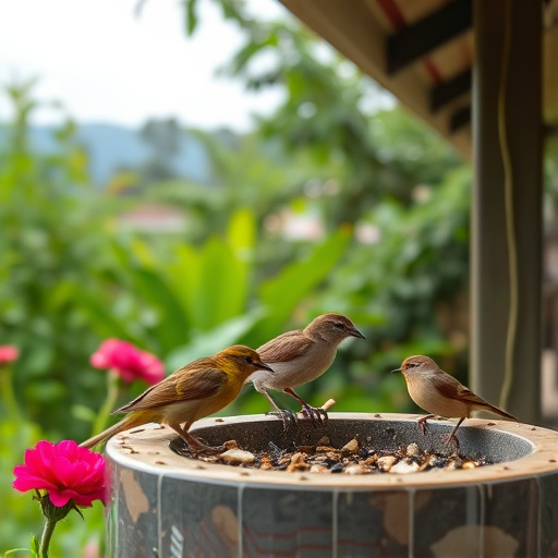 Small birds eating at garden station