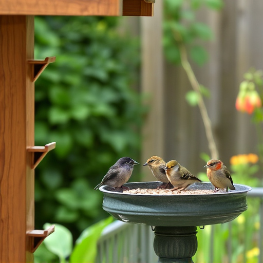 Small birds eating at garden station