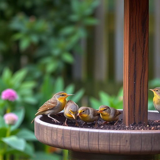 Small birds eating at garden station