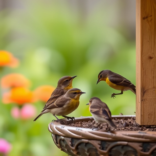Small birds eating at garden station