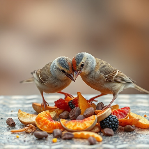 Small birds eating dried fruit pieces