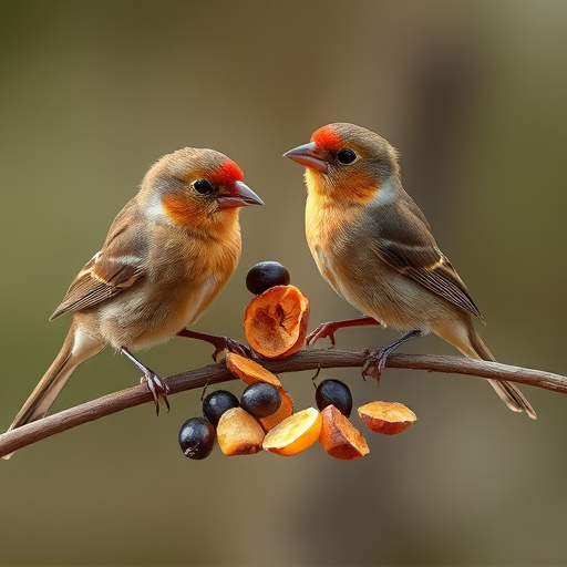 Small birds eating dried fruit pieces