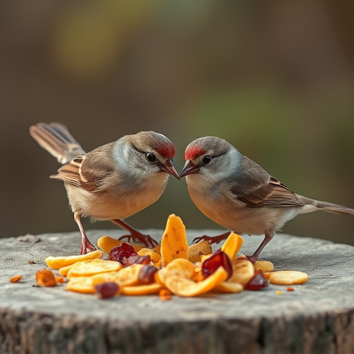 Small birds eating dried fruit pieces