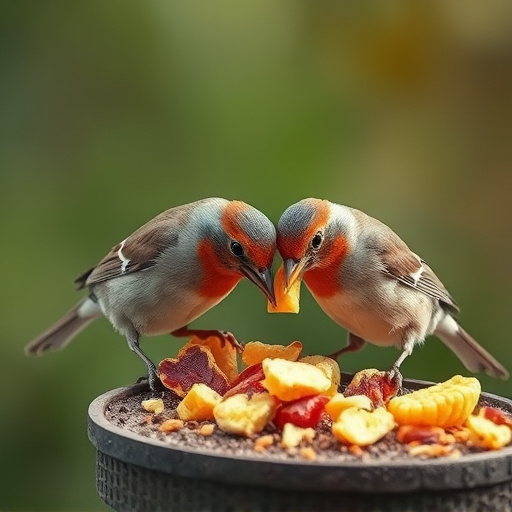 Small birds eating dried fruit pieces