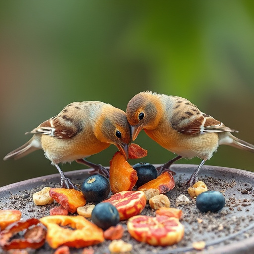 Small birds eating dried fruit pieces