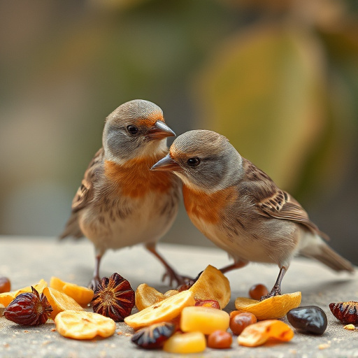 Small birds eating dried fruit pieces