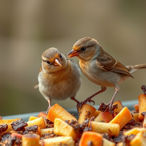 Small birds eating dried fruit pieces