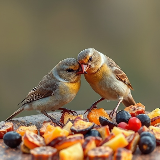 Small birds eating dried fruit pieces