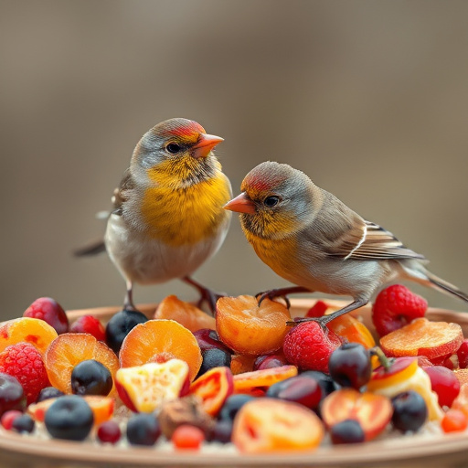 Small birds eating dried fruit pieces