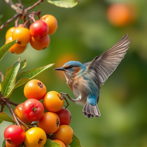 Small birds eating juicy summer fruits