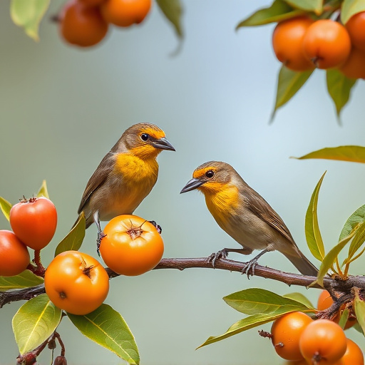 Small birds eating juicy summer fruits