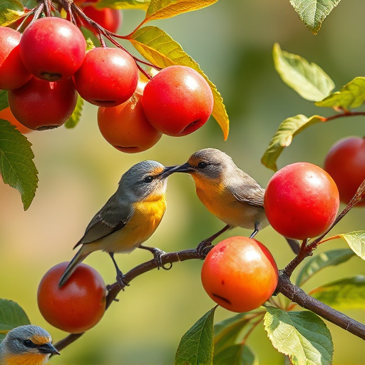 Small birds eating juicy summer fruits