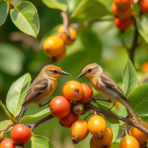 Small birds eating juicy summer fruits
