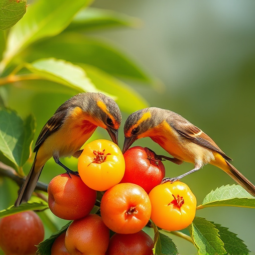 Small birds eating juicy summer fruits