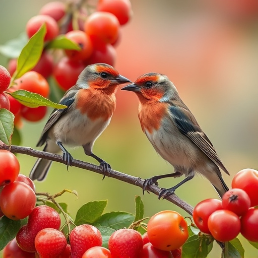 Small birds eating juicy summer fruits