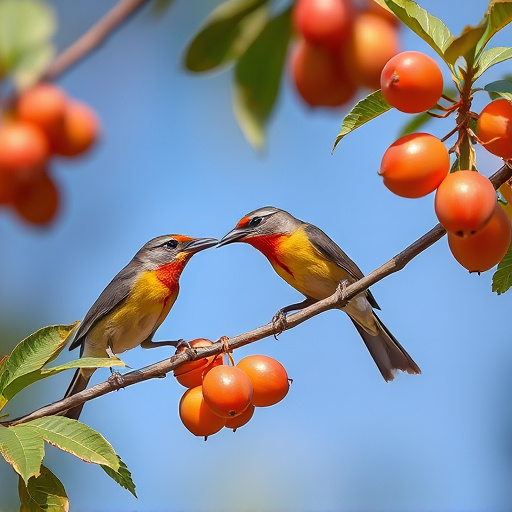Small birds eating juicy summer fruits
