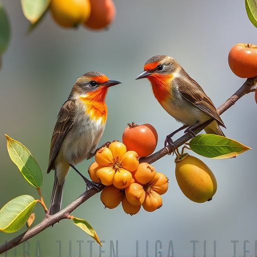 Small birds eating juicy summer fruits