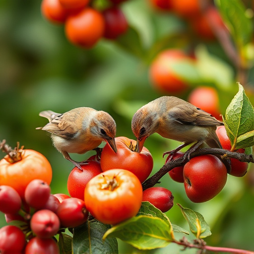 Small birds eating juicy summer fruits