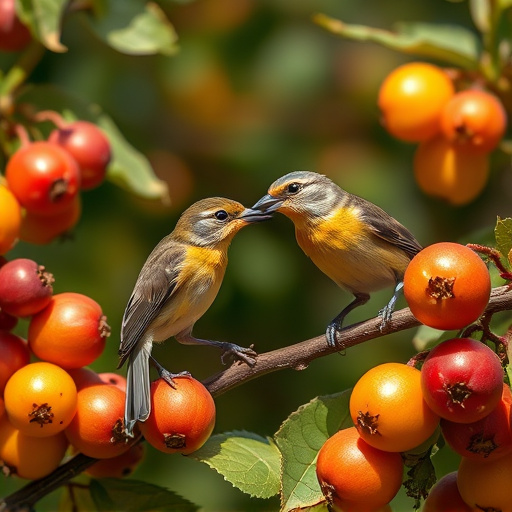 Small birds eating juicy summer fruits