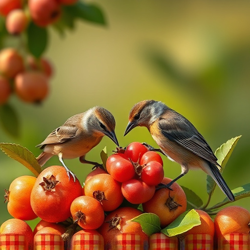 Small birds eating juicy summer fruits
