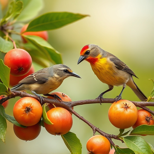Small birds eating juicy summer fruits