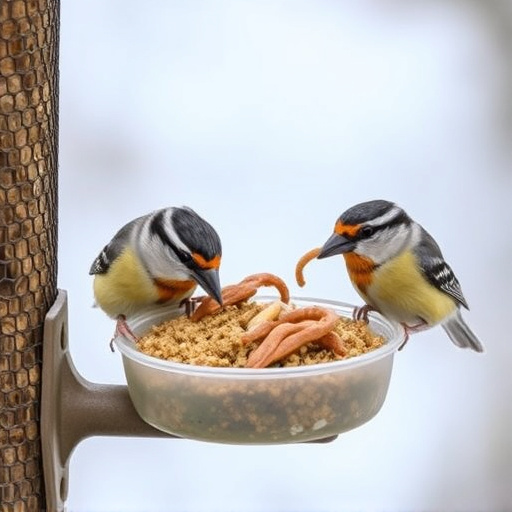 Small birds eating suet with mealworms