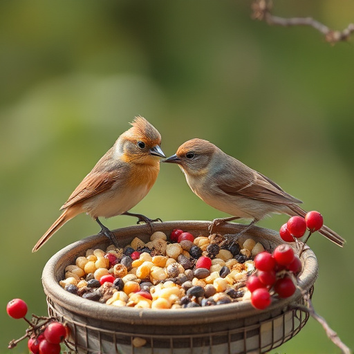 Small birds enjoying seed and berries