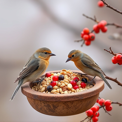 Small birds enjoying seed and berries