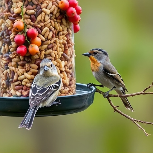 Small birds enjoying seed and berries