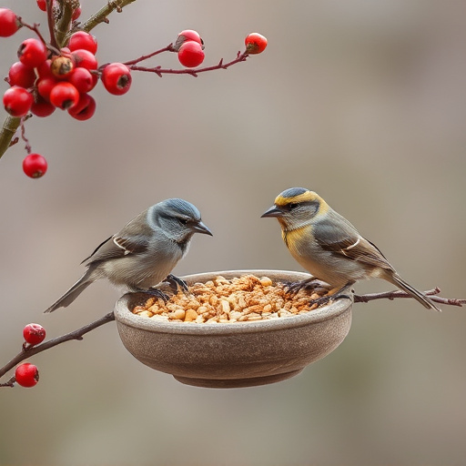 Small birds enjoying seed and berries
