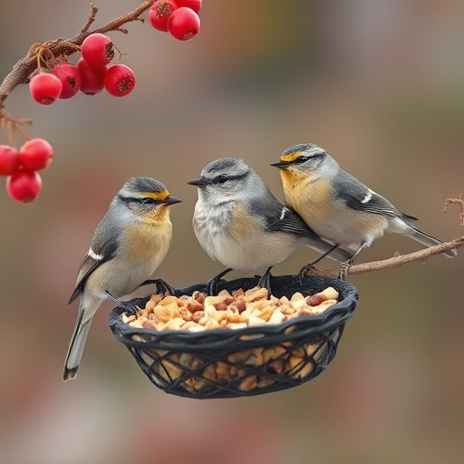 Small birds enjoying seed and berries