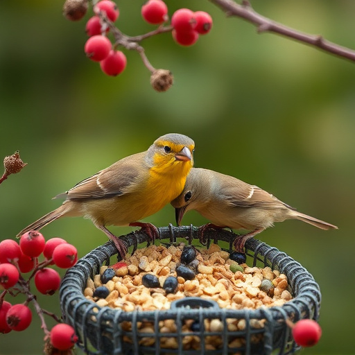 Small birds enjoying seed and berries