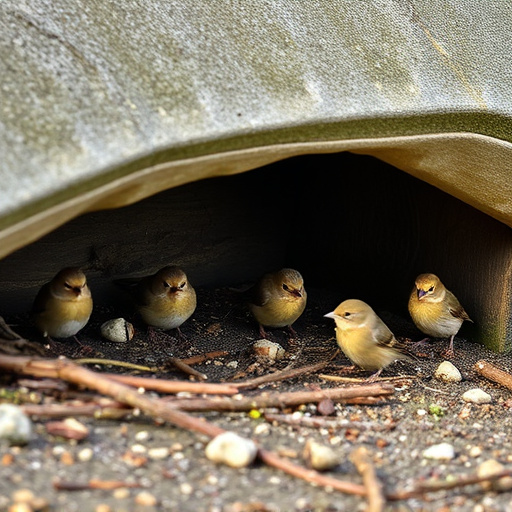Small birds feeding beneath sloped shelter